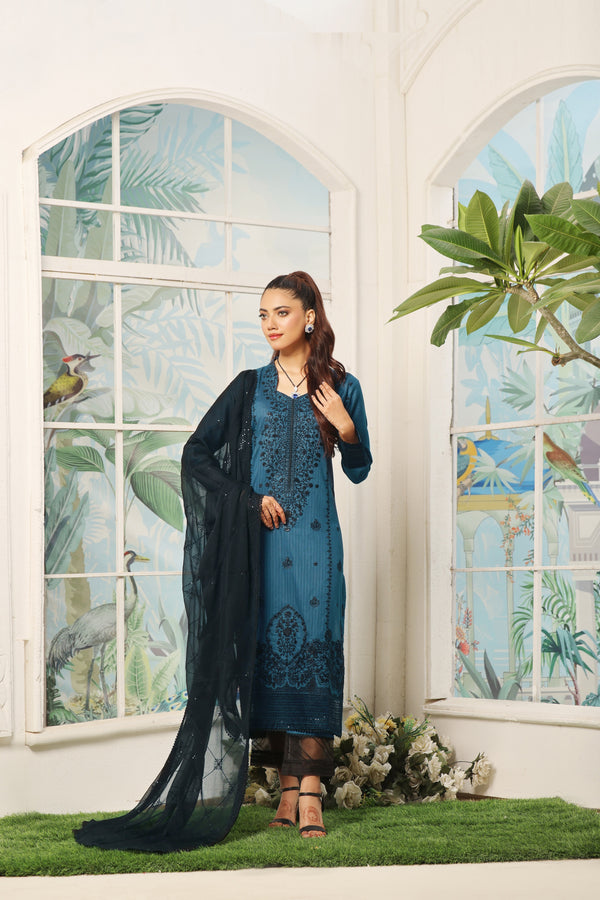 3 PIECE - LUXURY EMBROIDERED PURE SELF COTTON SUIT