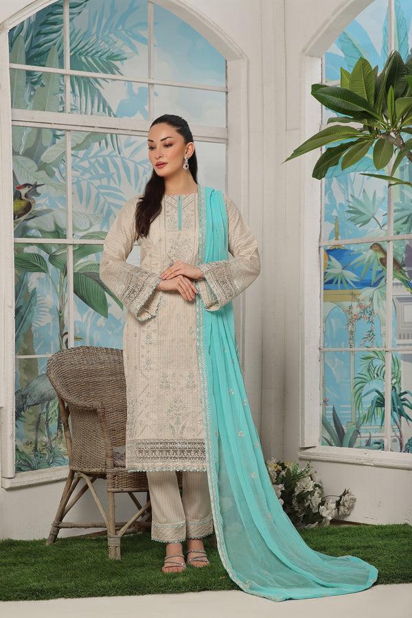 3 PIECE - LUXURY EMBROIDERED PURE SELF COTTON SUIT